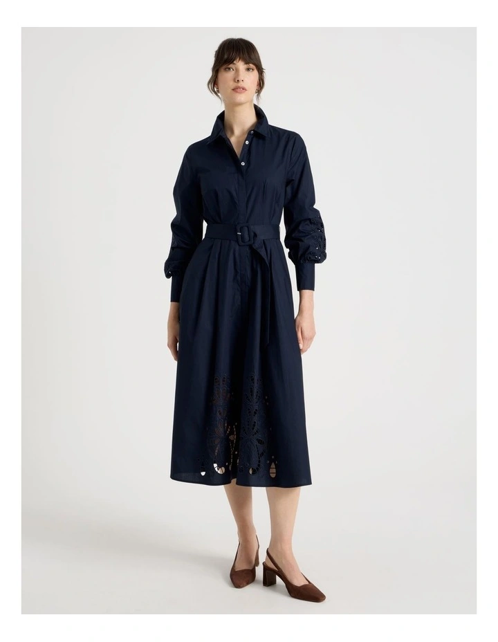 Long Sleeve Cotton Cutwork Shirt Midi Dress in Navy image 1