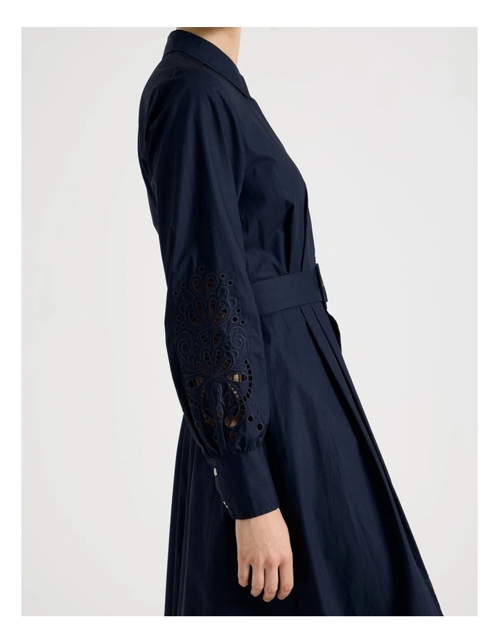 Long Sleeve Cotton Cutwork Shirt Midi Dress in Navy image 2