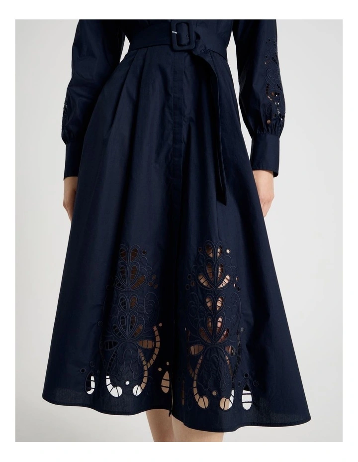 Long Sleeve Cotton Cutwork Shirt Midi Dress in Navy image 3