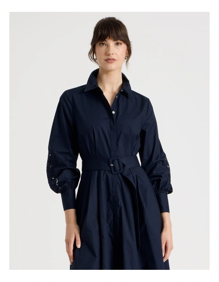Long Sleeve Cotton Cutwork Shirt Midi Dress in Navy image 4