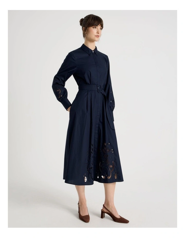 Long Sleeve Cotton Cutwork Shirt Midi Dress in Navy image 5