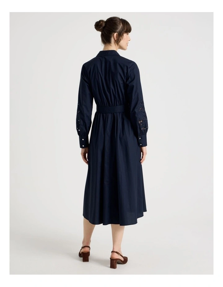 Long Sleeve Cotton Cutwork Shirt Midi Dress in Navy image 6