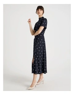 Short Sleeve Satin High Neck Midi Dress in Black and White Polka Dot Print