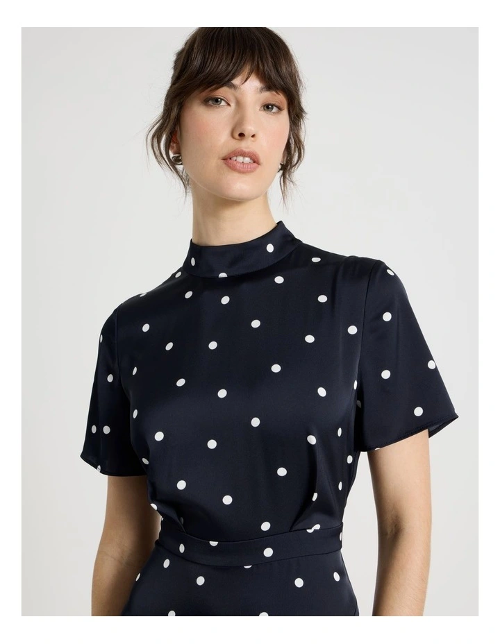 Short Sleeve Satin High Neck Midi Dress in Black and White Polka Dot Print image 2