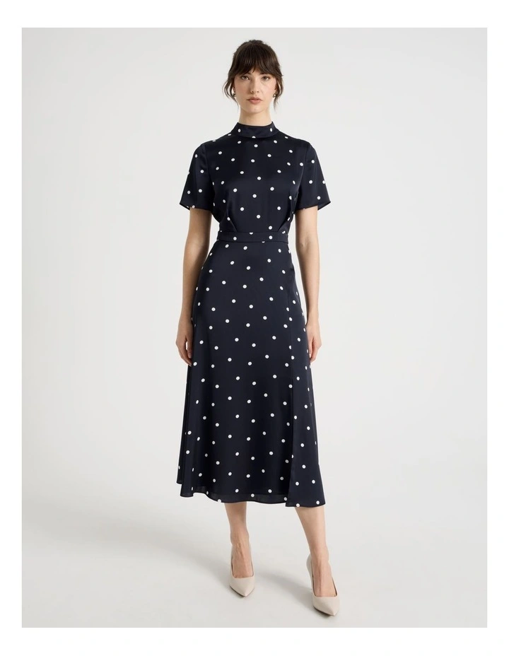 Short Sleeve Satin High Neck Midi Dress in Black and White Polka Dot Print image 3