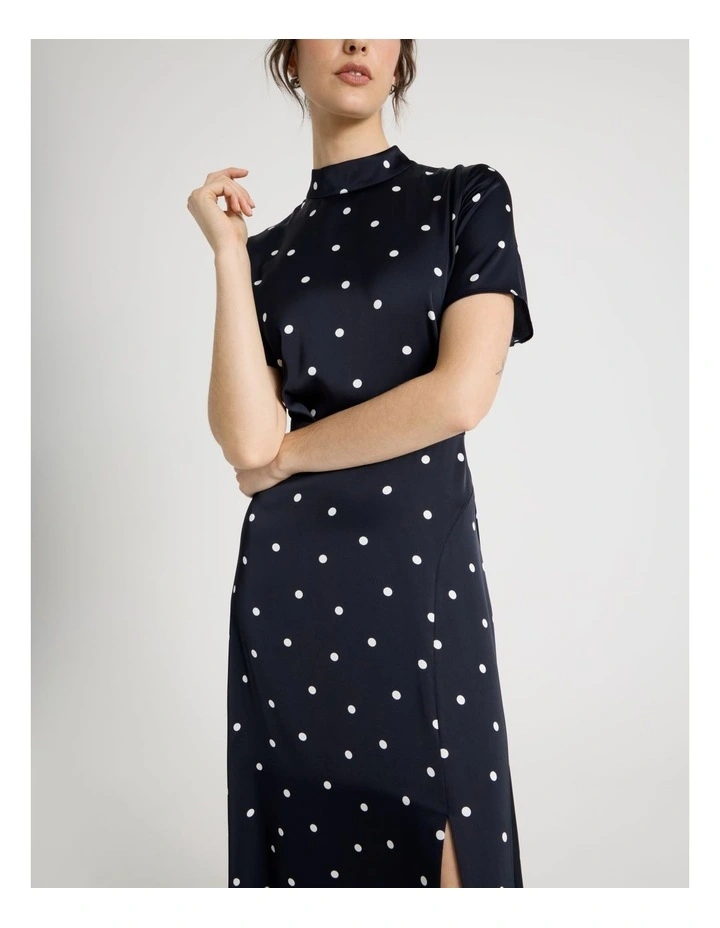 Short Sleeve Satin High Neck Midi Dress in Black and White Polka Dot Print image 4