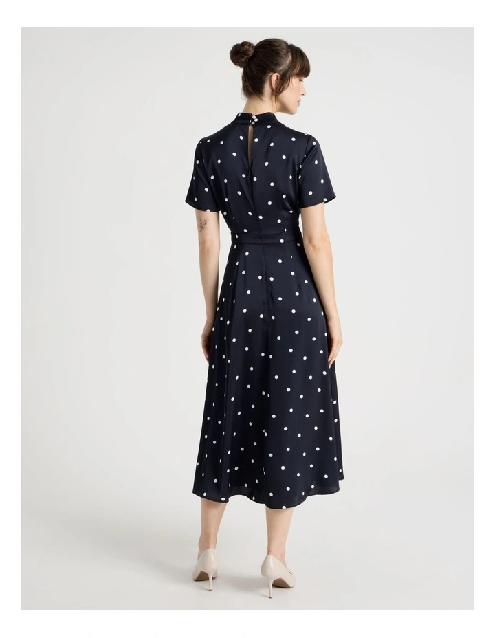 Short Sleeve Satin High Neck Midi Dress in Black and White Polka Dot Print image 5