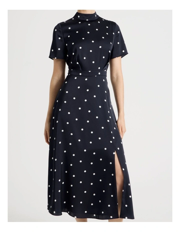Short Sleeve Satin High Neck Midi Dress in Black and White Polka Dot Print image 6
