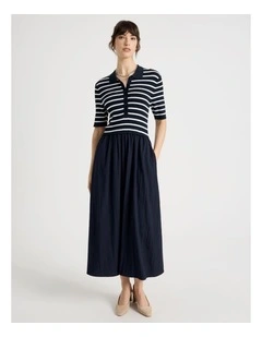 Short Sleeve Mixed Media Midi Dress in Navy Stripe
