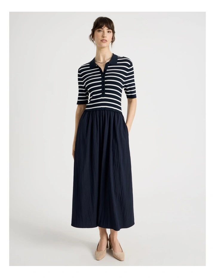 Short Sleeve Mixed Media Midi Dress in Navy Stripe image 1