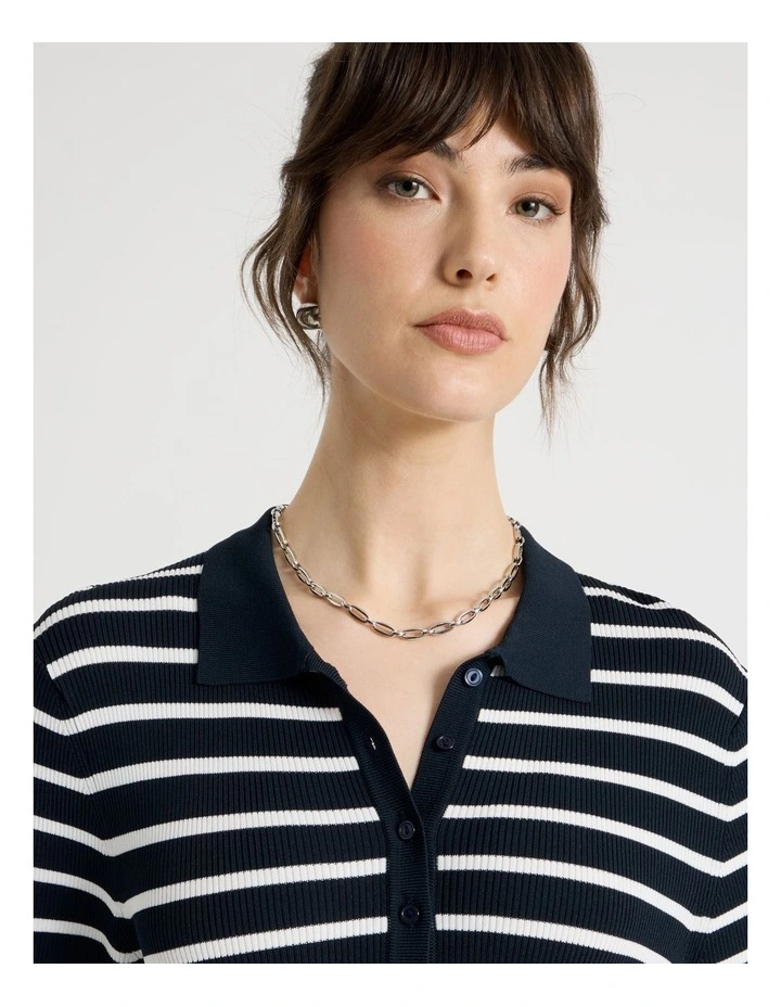 Short Sleeve Mixed Media Midi Dress in Navy Stripe image 3