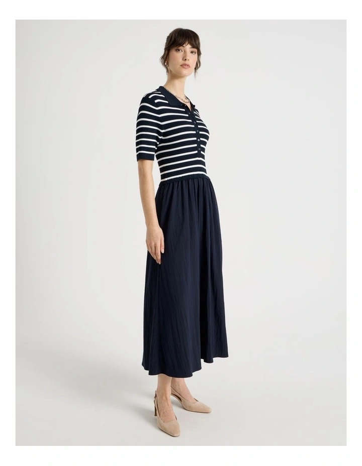 Short Sleeve Mixed Media Midi Dress in Navy Stripe image 5