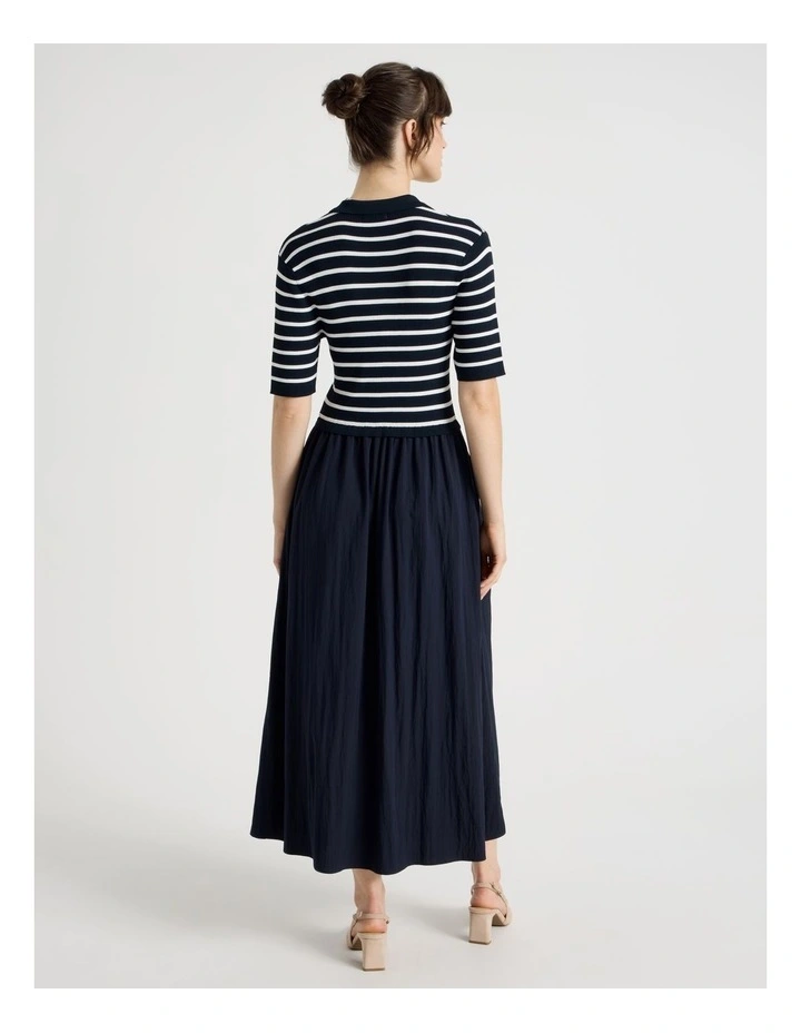 Short Sleeve Mixed Media Midi Dress in Navy Stripe image 6