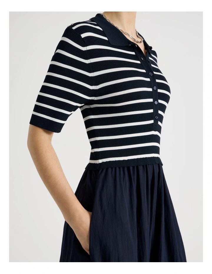 Short Sleeve Mixed Media Midi Dress in Navy Stripe image 7