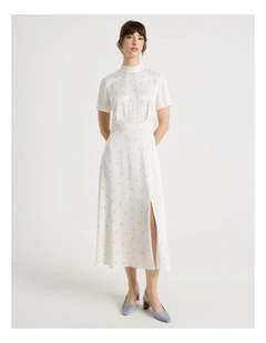 Short Sleeve Satin High Neck Midi Dress in White and Blue Polka Dot