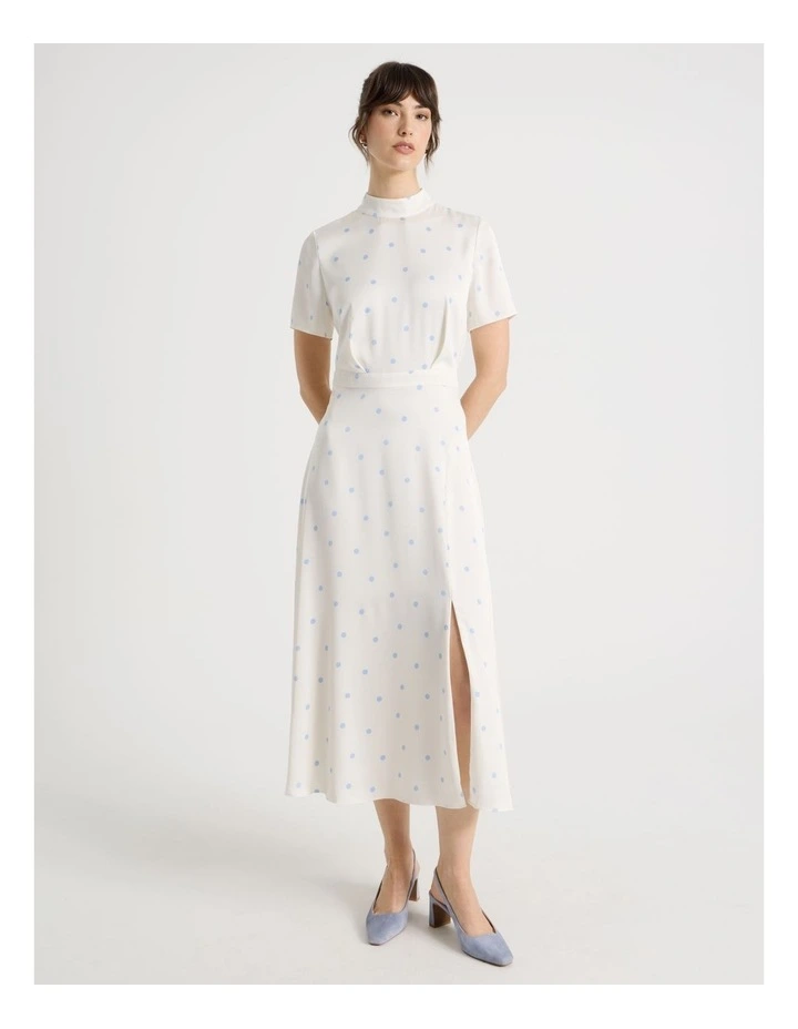 Short Sleeve Satin High Neck Midi Dress in White and Blue Polka Dot image 1