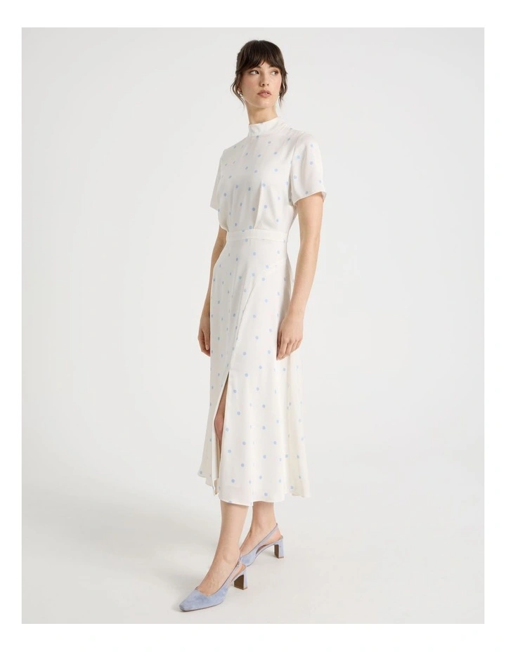 Short Sleeve Satin High Neck Midi Dress in White and Blue Polka Dot image 2