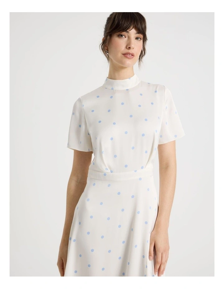 Short Sleeve Satin High Neck Midi Dress in White and Blue Polka Dot image 3