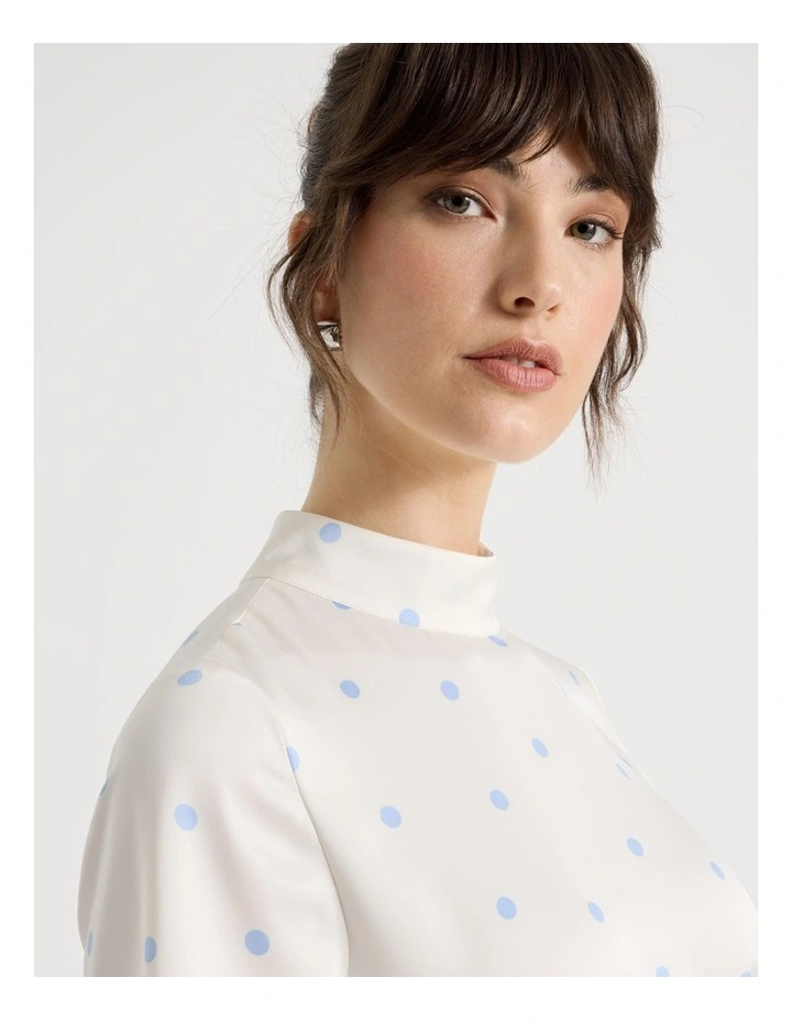 Short Sleeve Satin High Neck Midi Dress in White and Blue Polka Dot image 4