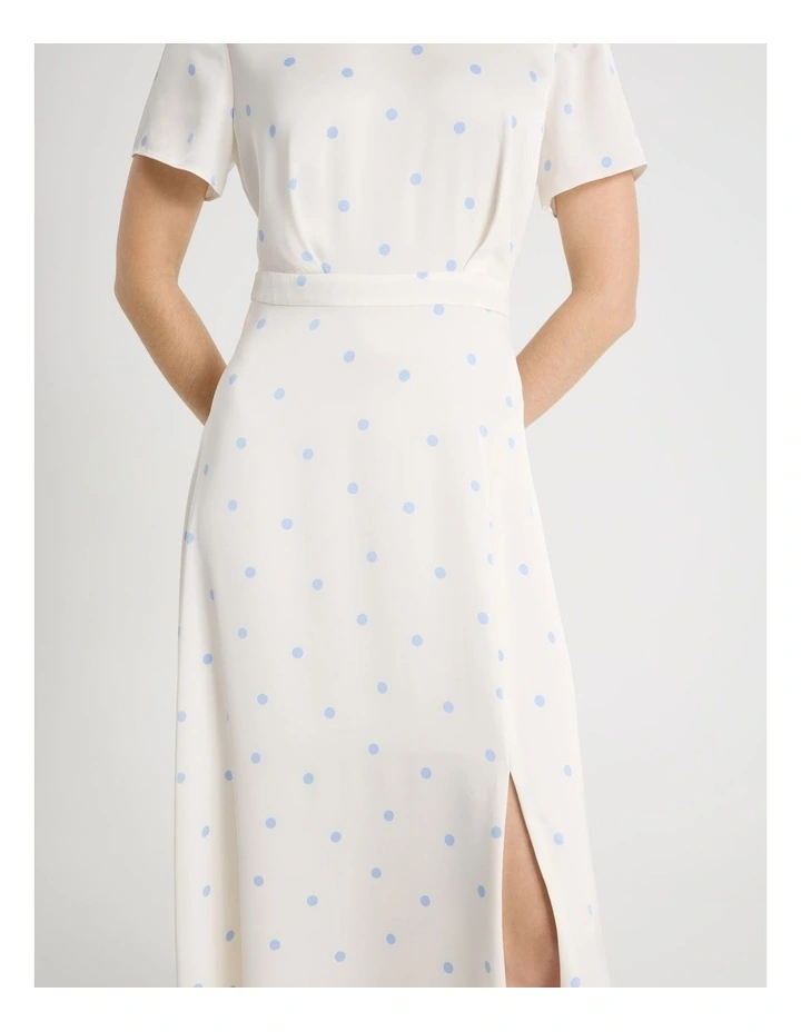 Short Sleeve Satin High Neck Midi Dress in White and Blue Polka Dot image 5