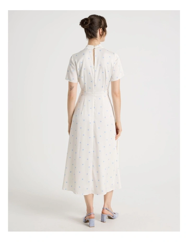 Short Sleeve Satin High Neck Midi Dress in White and Blue Polka Dot image 6