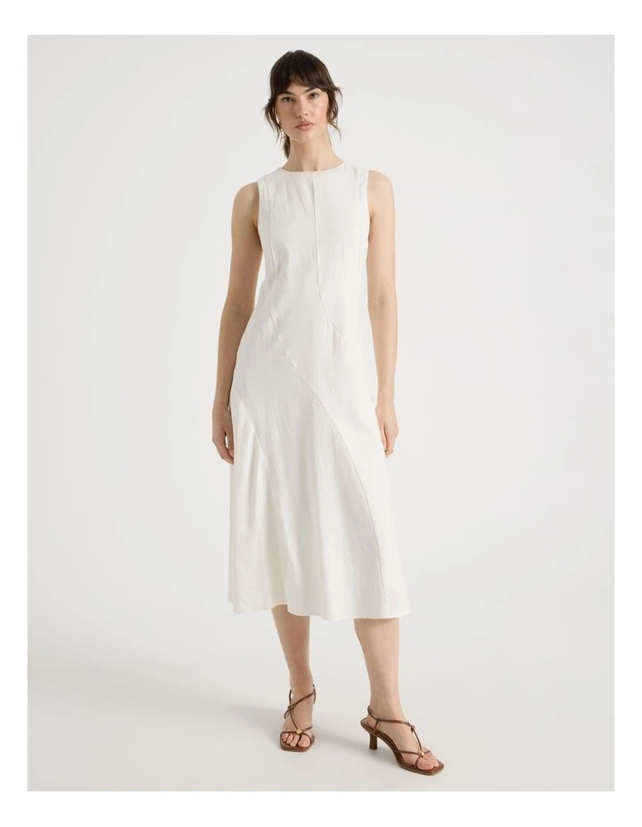 Sleeveless Linen Blend Panelled Midi Dress in White image 1