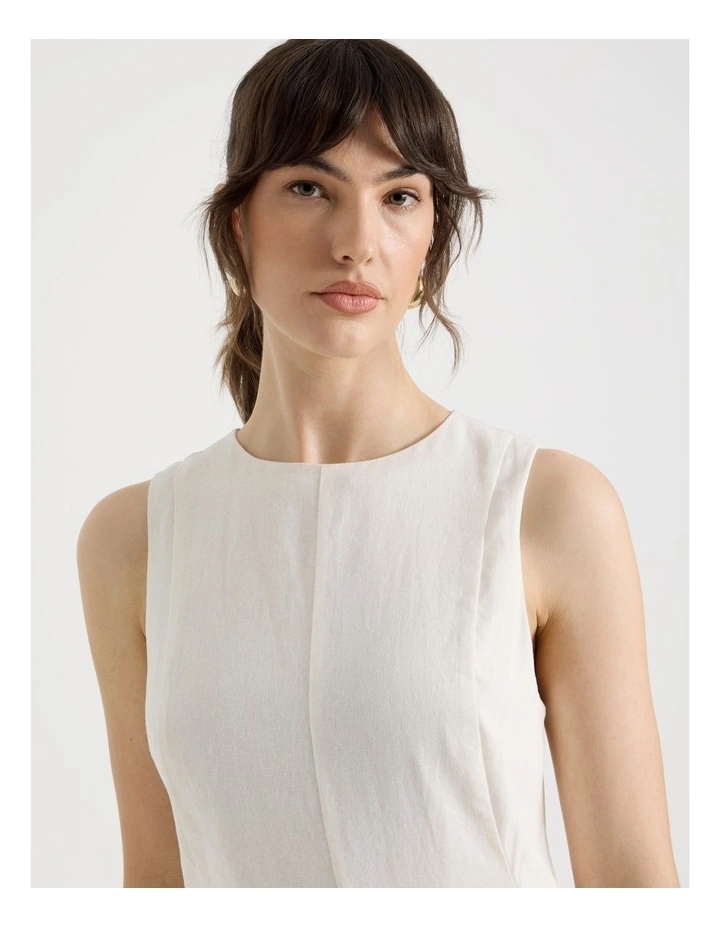 Sleeveless Linen Blend Panelled Midi Dress in White image 2
