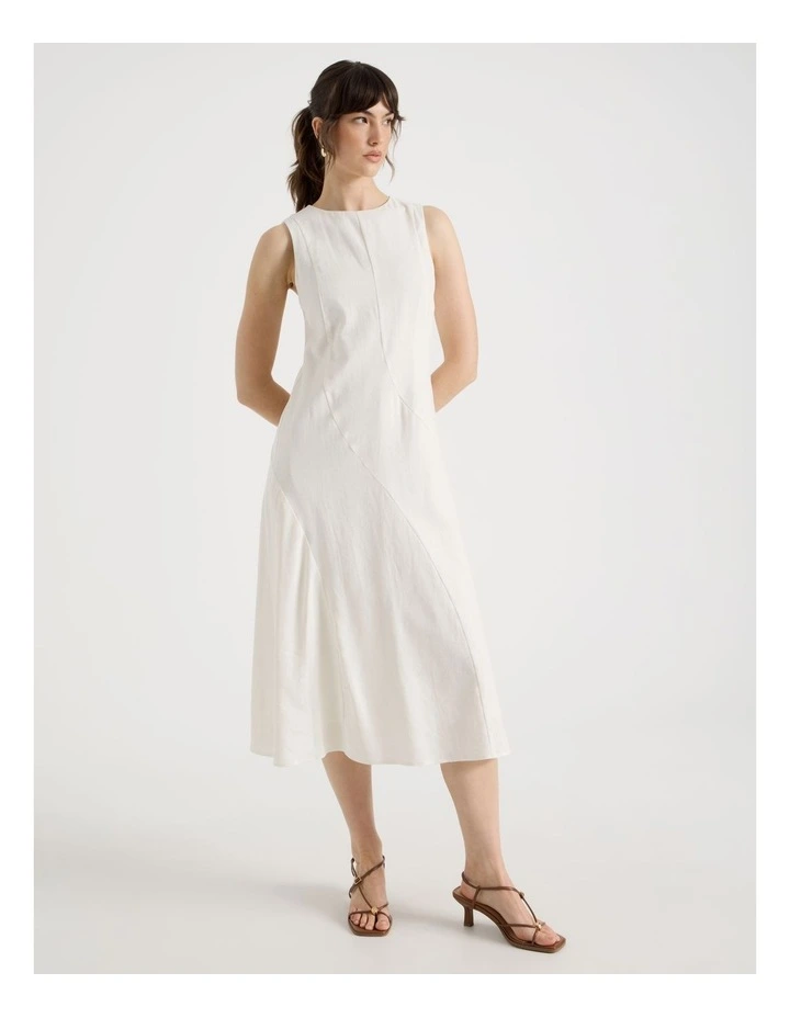 Sleeveless Linen Blend Panelled Midi Dress in White image 3