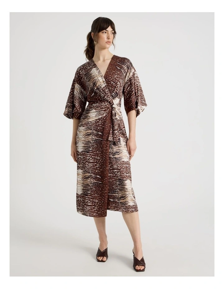 Short Sleeve Wrap Tuck Midi Dress in Animal Print image 1