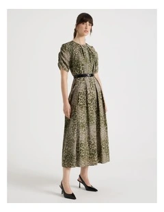 Gathered Sleeve Midi Dress in Olive Ocelot Print