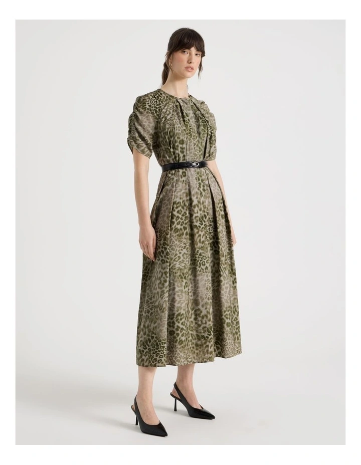 Gathered Sleeve Midi Dress in Olive Ocelot Print image 1