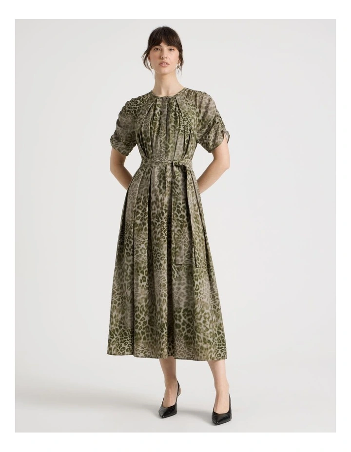 Gathered Sleeve Midi Dress in Olive Ocelot Print image 2
