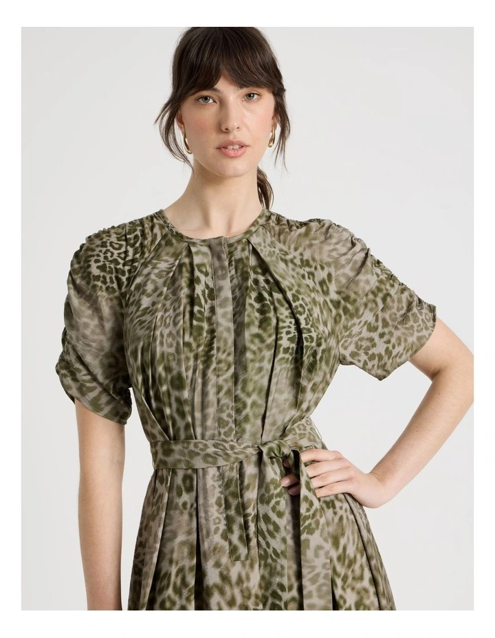 Gathered Sleeve Midi Dress in Olive Ocelot Print image 3
