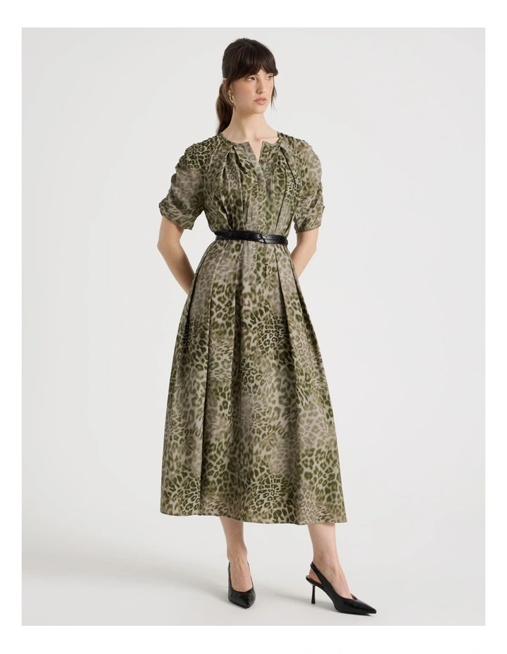 Gathered Sleeve Midi Dress in Olive Ocelot Print image 4