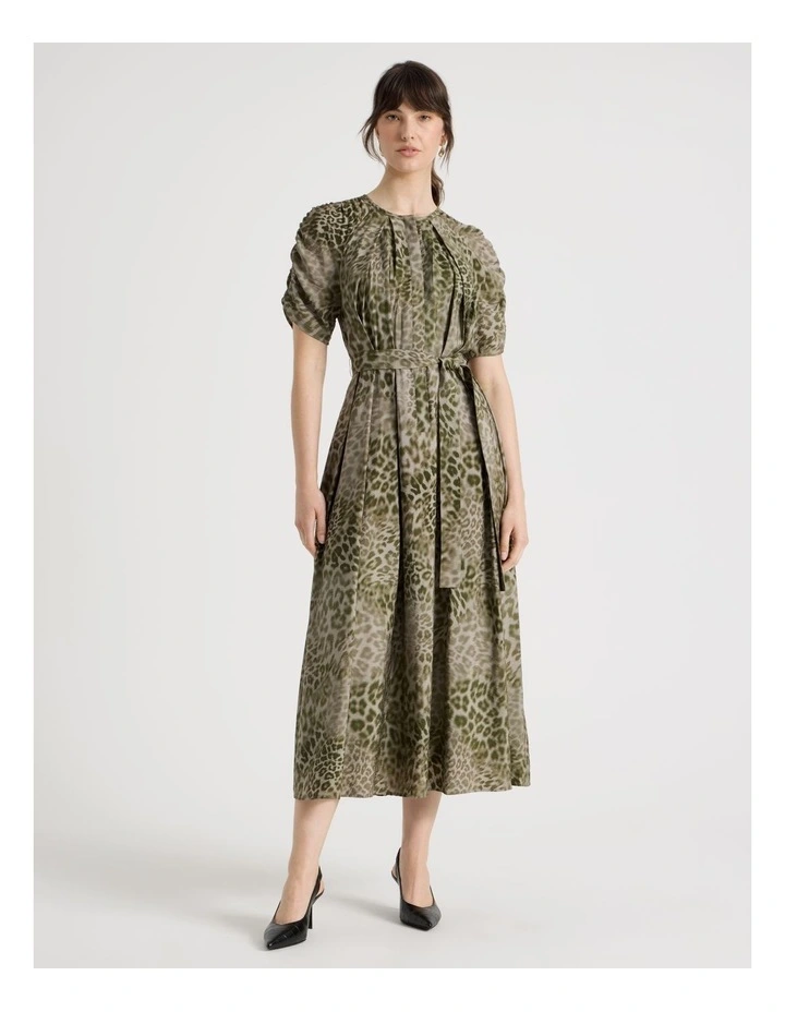 Gathered Sleeve Midi Dress in Olive Ocelot Print image 5