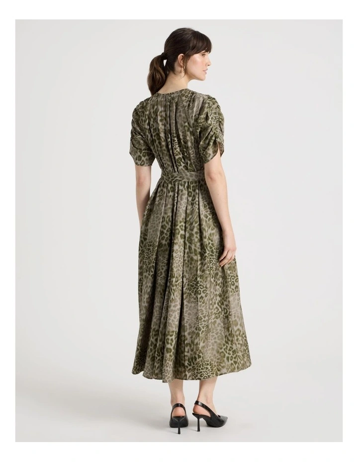 Gathered Sleeve Midi Dress in Olive Ocelot Print image 6