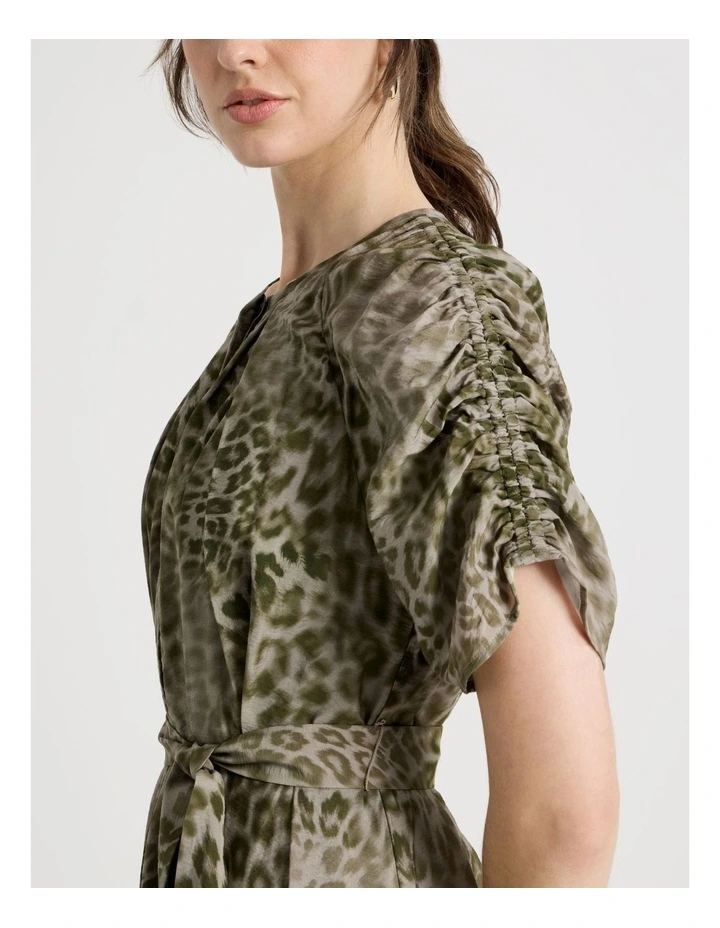 Gathered Sleeve Midi Dress in Olive Ocelot Print image 7