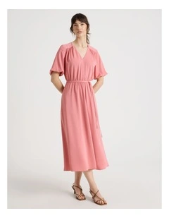 Short Sleeve Tie Detail Midi Dress in Pink