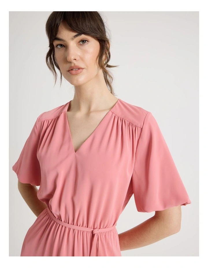 Short Sleeve Tie Detail Midi Dress in Pink image 2