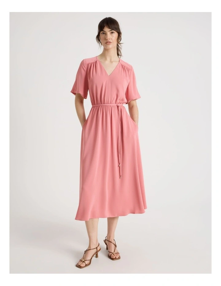 Short Sleeve Tie Detail Midi Dress in Pink image 3