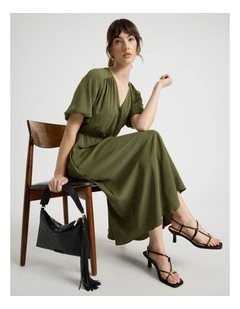 Short Sleeve Tie Detail Midi Dress in Dark Green
