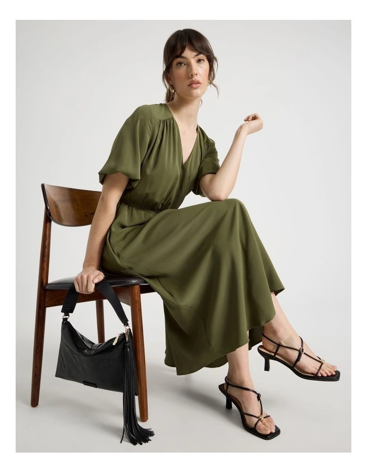 Short Sleeve Tie Detail Midi Dress in Dark Green image 1