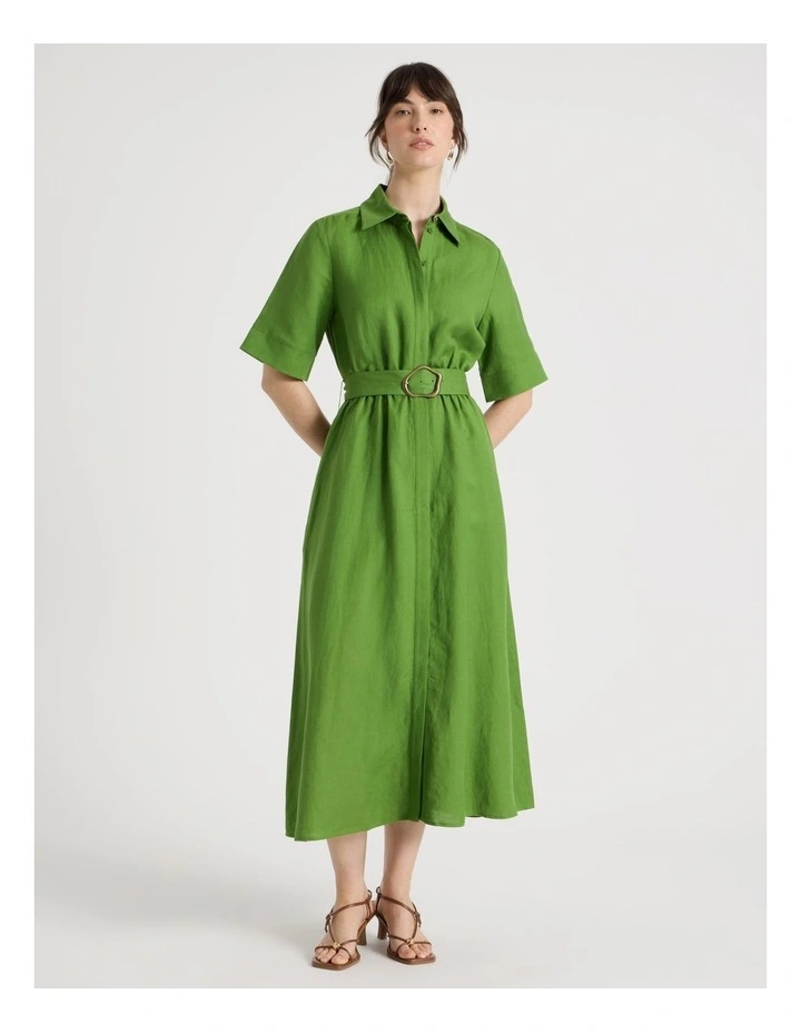 Short Sleeve Linen Blend Midi Shirt Dress in Green image 1