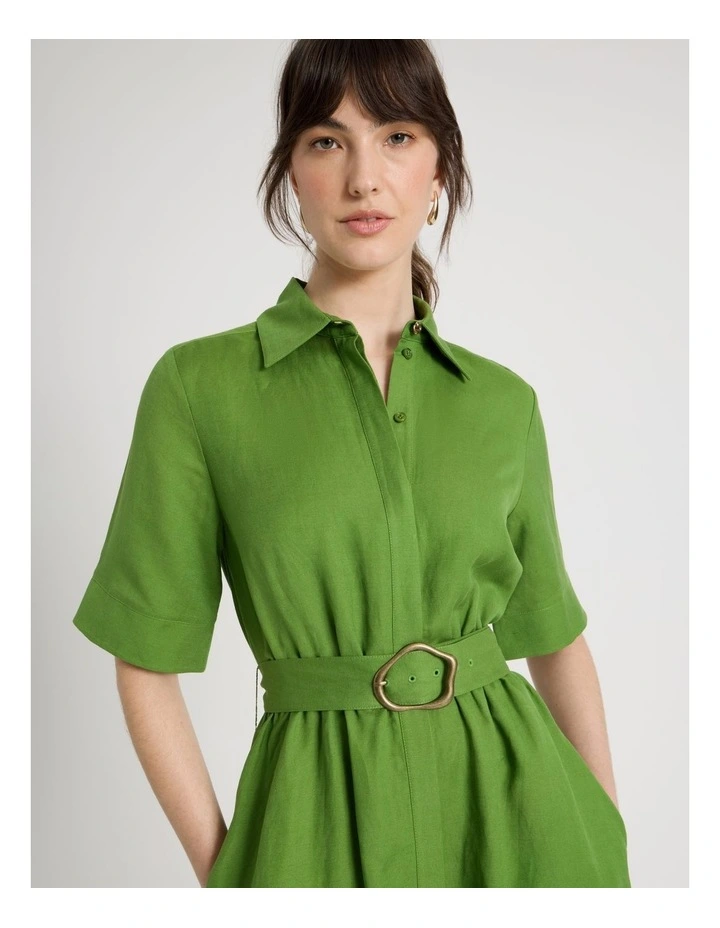 Short Sleeve Linen Blend Midi Shirt Dress in Green image 2