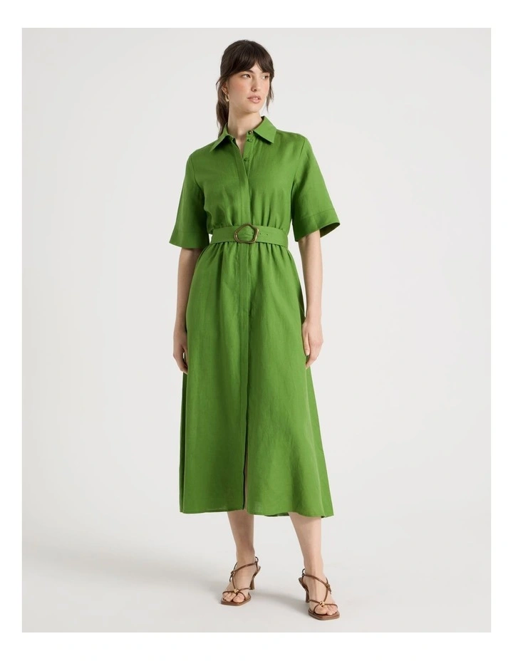 Short Sleeve Linen Blend Midi Shirt Dress in Green image 3
