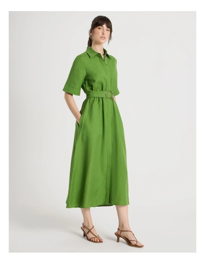 Short Sleeve Linen Blend Midi Shirt Dress in Green image 4