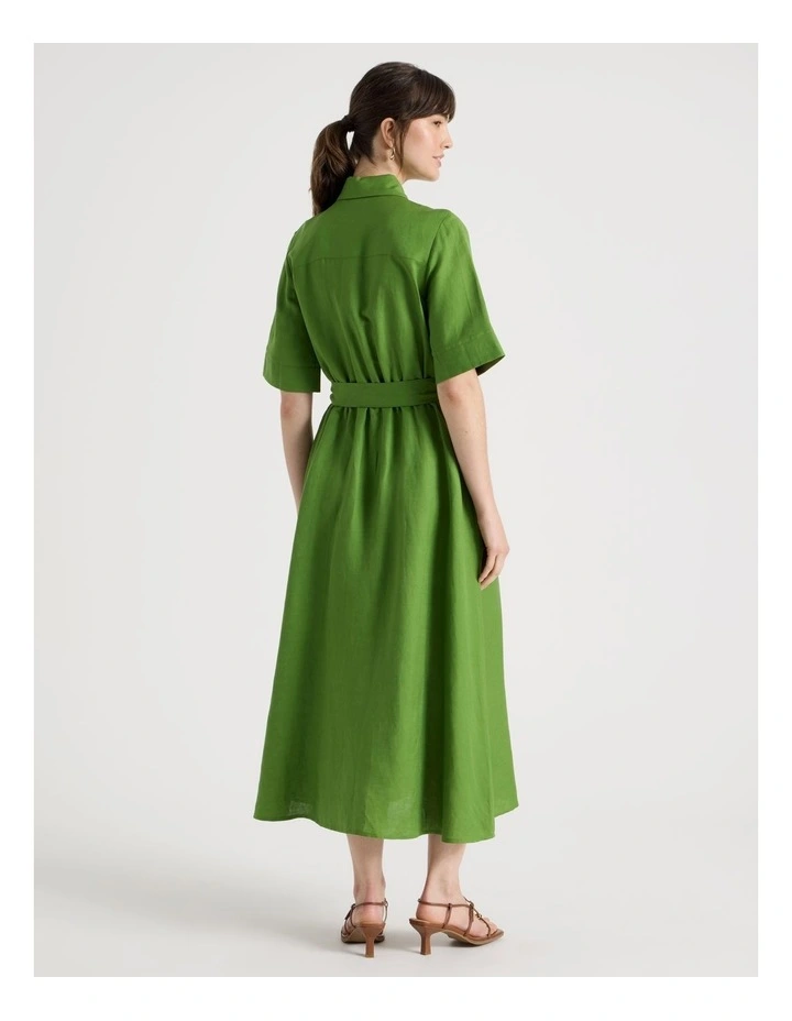 Short Sleeve Linen Blend Midi Shirt Dress in Green image 5