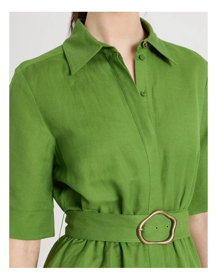 Short Sleeve Linen Blend Midi Shirt Dress in Green image 6