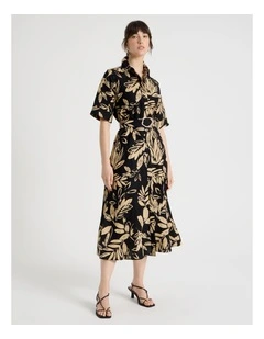 Short Sleeve Linen Blend Midi Shirt Dress in Black and Beige Leaf Print