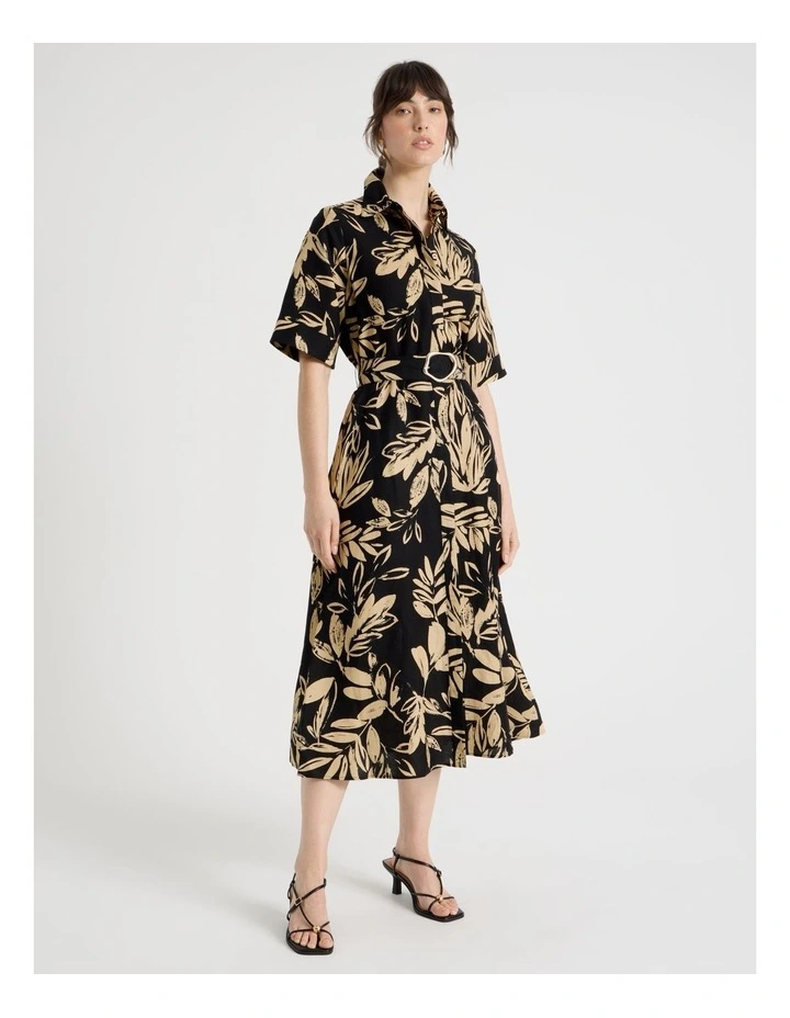 Short Sleeve Linen Blend Midi Shirt Dress in Black and Beige Leaf Print image 1